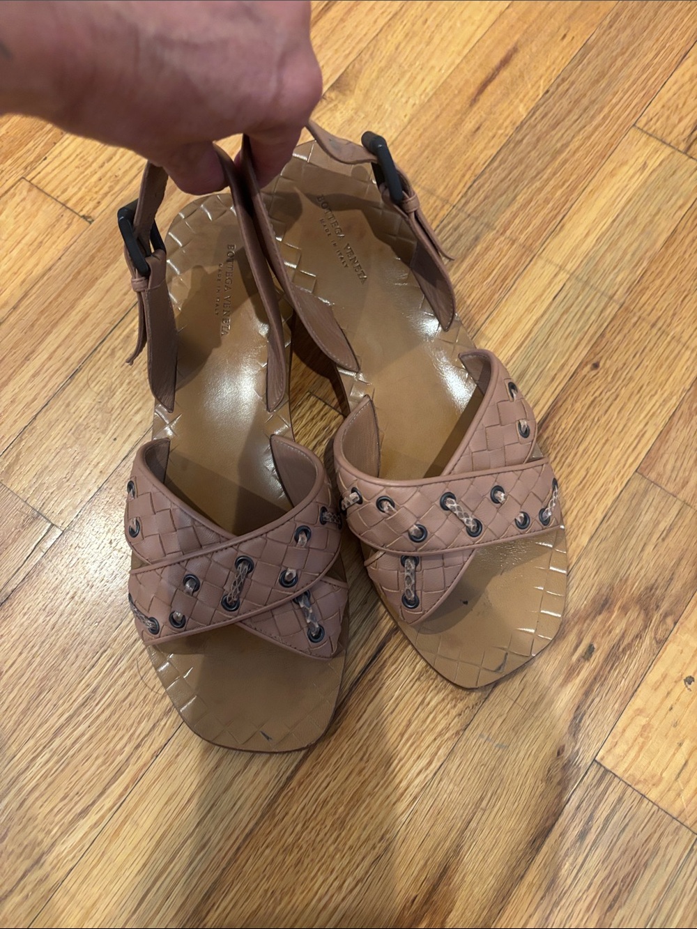 Bottega Veneta Nude Tan Intrecciato Studded Slingback Sandals